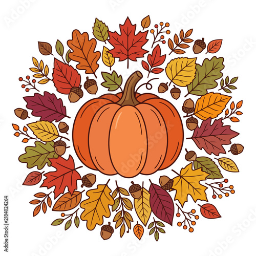 Hand Drawn Decorative Pumpkin Surrounded by Colorful Autumn Fall Foliage Leaves