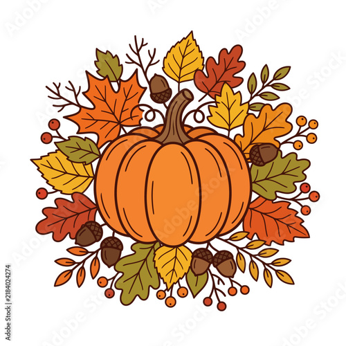 Hand Drawn Decorative Pumpkin Surrounded by Autumn Leaves and Acorn Accents