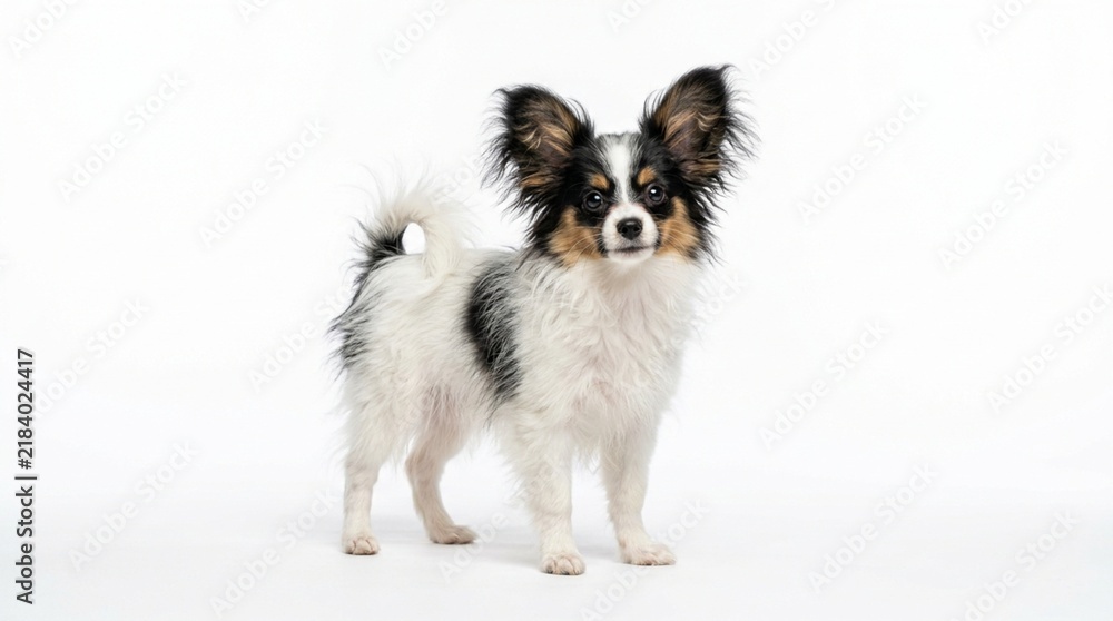 Obraz premium Adorable Papillon Dog Standing Isolated on White Background