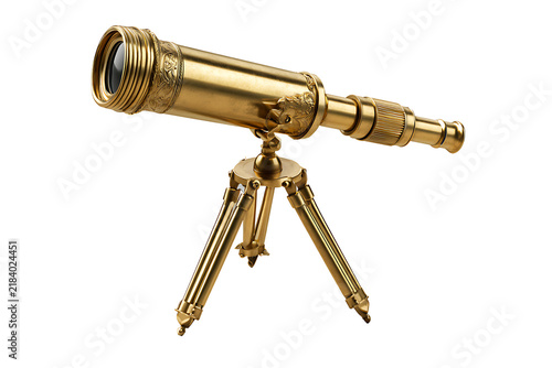 Antique brass telescope on a tripod isolated on transparent background
