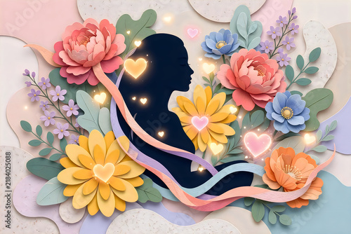Silhouette of a woman surrounded by colorful paper flowers.