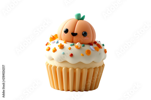 Cute smiling pumpkin character cupcake with colorful festive sprinkles isolated on transparent background