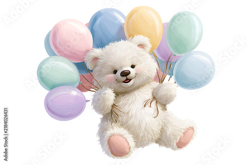 Adorable fluffy white teddy bear holding a bunch of colorful balloons isolated on transparent background