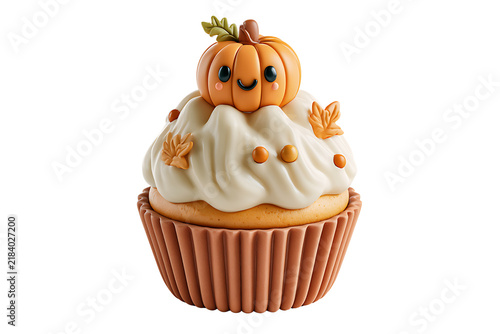 Cute smiling pumpkin cupcake with autumn leaves isolated on transparent background