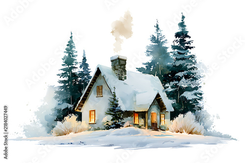 Cozy snowcovered cottage in a winter forest, isolated on transparent background