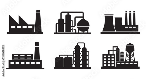 Industrial facilities set with silhouettes of factories, plants, and processing units. conceptual design for manufacturing and production.
