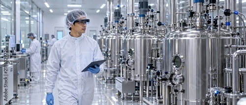 Pharmaceutical Technician with Smart Glasses and Tablet Inspecting Bioreactor Tanks in Cleanroom, Digital Twin Technology for Biotech Manufacturing