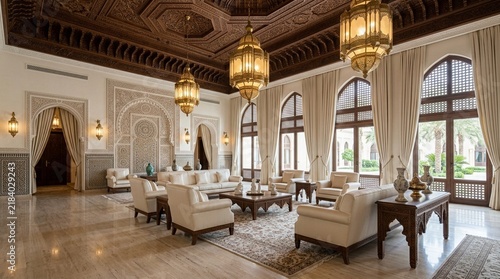 Luxurious Arabic Living Room with Intricate Decor and Chandeliers