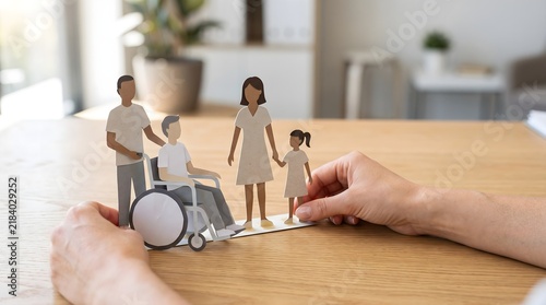 Hands supporting paper family with wheelchair symbol for accessibility care concept