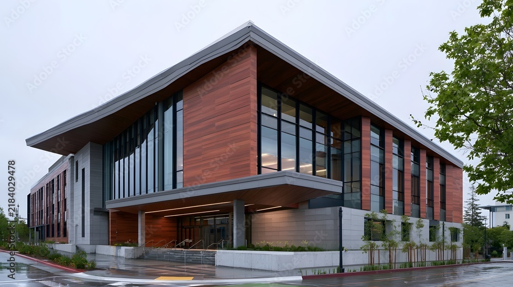 Obraz premium Modern civic building with wooden cladding large glass and covered entryway under overcast sky