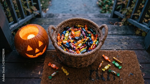Carved jack-o'-lantern and basket of Halloween candy sitting on a wooden porch.