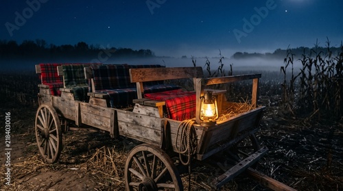 Wooden hayride wagon with glowing lantern sitting in a foggy cornfield at night.