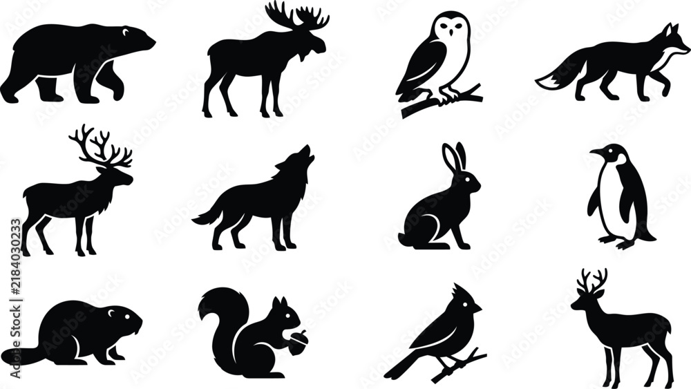 Obraz premium Set of wild animal silhouettes including bear moose owl fox wolf rabbit penguin beaver squirrel and deer vector icons