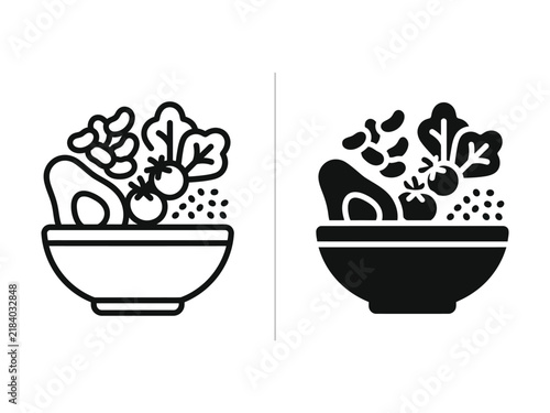 Healthy vegetable salad bowl vector icon with leafy greens and toppings, outline and filled symbols for food, nutrition and healthy eating