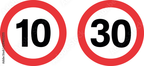 Speed limit road signs set showing 10 and 30 kmh traffic restriction symbols