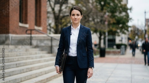 Professional Woman In Suit Walking Confidently Down City Street
