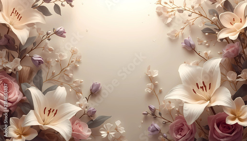 Elegant lilies and roses flower frame surrounding a blank center space with white lilies pink roses floral border blank background wedding invitation flower art
