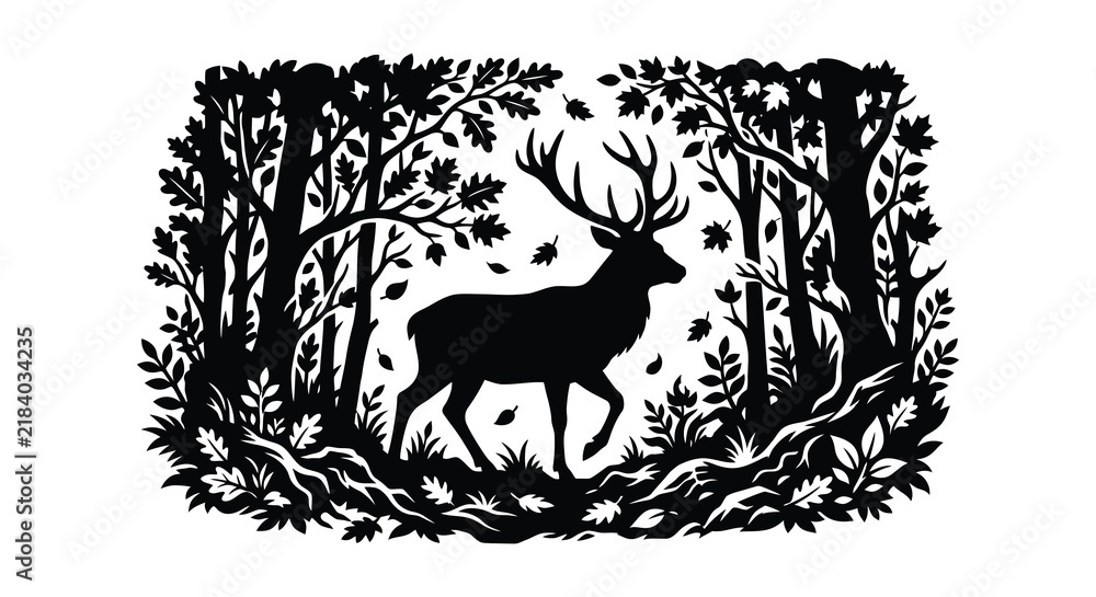 Obraz premium Silhouette of a stag within a forest of trees and foliage