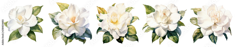 Obraz premium Collection of five white gardenia blossoms are isolated on black background