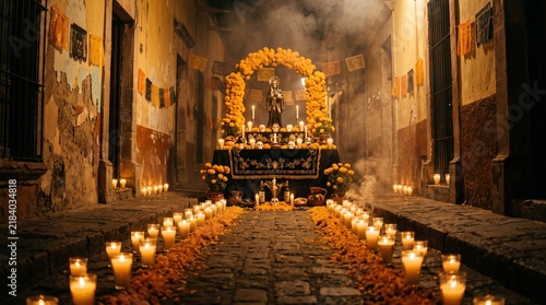 Day of the Dead altar with marigolds and candles in cobblestone street