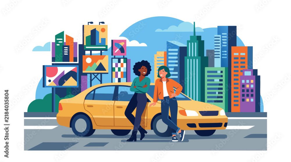 Fototapeta premium Two Confident Women Drivers Leaning Against Yellow Sedan Car in Vibrant Urban City with Abstract Billboards and Colorful Skyscrapers Modern Flat Vector Illustration - detailed commercial stock
