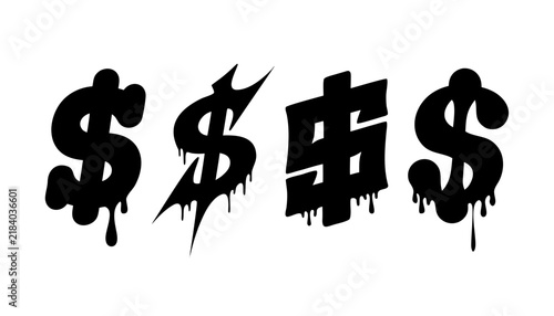 A heavy-duty collection of four black dollar signs with various dripping paint effects. These urban hand style graffiti tag icons provide a gritty and consistent look for street designs. vector icon