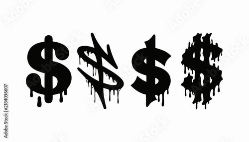 A heavy-duty collection of four black dollar signs with various dripping paint effects. These urban hand style graffiti tag icons provide a gritty and consistent look for street designs. vector icon