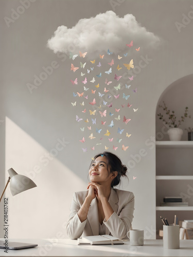 Office Worker Recovering From Burnout Under a Surreal Cloud