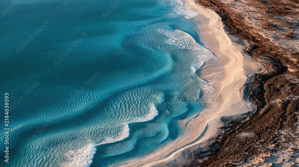 Obraz premium Aerial view of turquoise ocean waves meeting a sandy beach and rocky shoreline