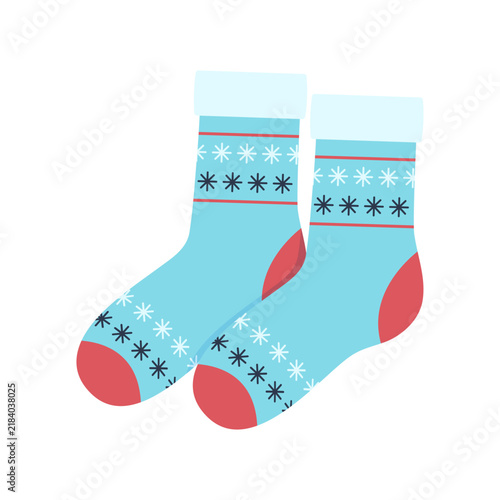 Warm light blue socks with snowflakes vector illustration. Winter clothing flat design element.