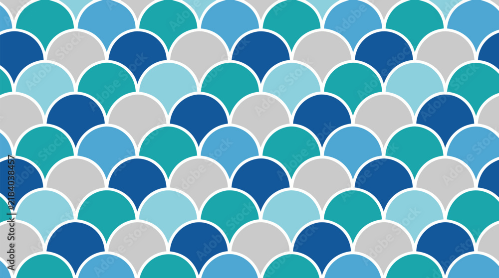 Fototapeta premium Seamless fish scale pattern featuring overlapping rounded scales in shades of teal, blue, and silver creating a rhythmic aquatic texture ideal for marine designs backgrounds and decorative projects