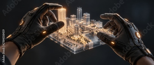 Hands in Haptic VR Gloves Manipulating Digital Twin City Model, Futuristic Hologram of Smart Urban Planning Technology on Dark Background