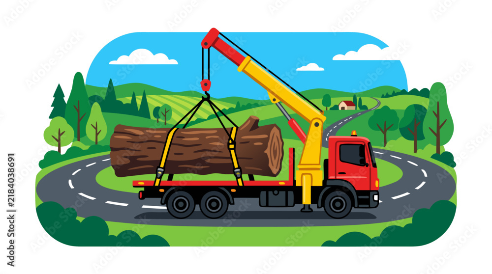 Naklejka premium Flatbed Truck with Hydraulic Crane Securing Large Tree Trunk on Winding Rural Road, Bold Flat Color Vector Illustration of Forestry Logging Transport in Countryside Landscape
