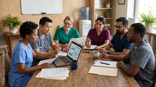 Diverse healthcare team in scrubs gathered around wooden table reviewing paperwork, charts, and laptop screen in bright clinic office