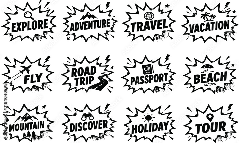 Fototapeta premium Vector Set of Comic Book Style Travel and Adventure Icons, Retro Pop Art Speech Bubbles for Vacation, Explore, Road Trip, Holiday, Tour, and Discover Themes, Black and White Graphic