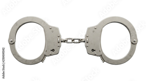 Cuadro en lienzo Close-up of a pair of metallic handcuffs with a connecting chain against a white