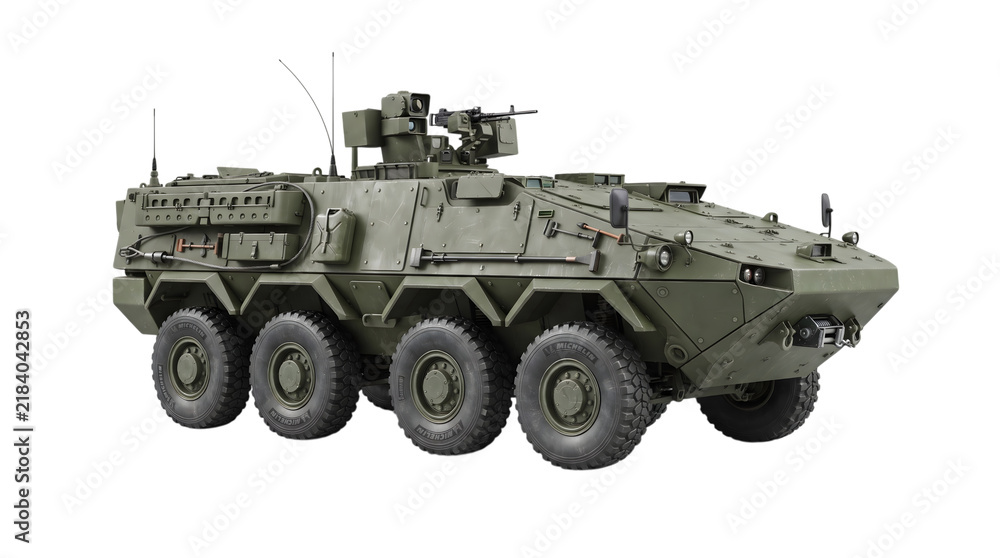Fototapeta premium Military armored vehicle, combat transport on isolated transparent background PNG