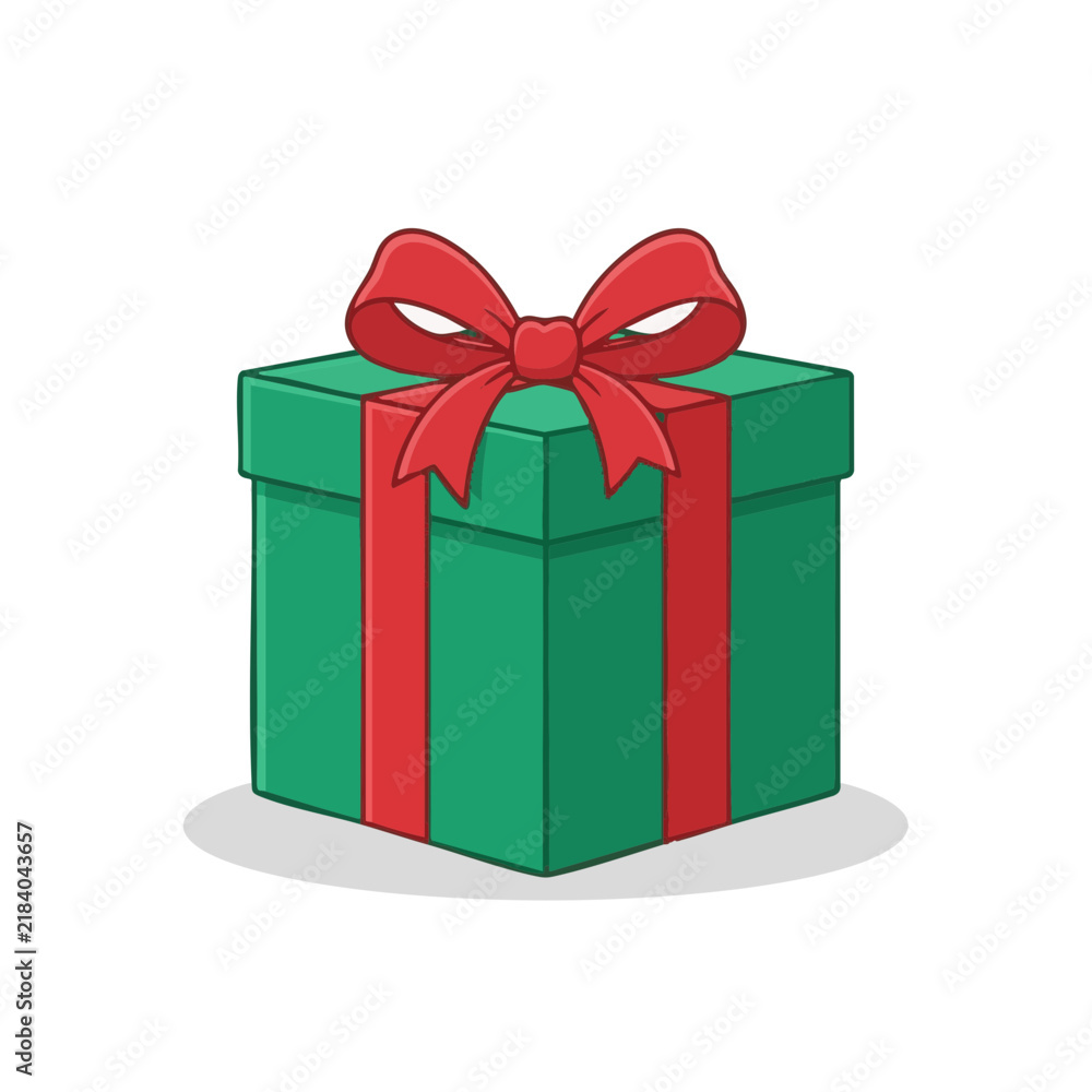 Fototapeta premium Green gift box with red ribbon and bow, isolated on transparent background, festive holiday design element