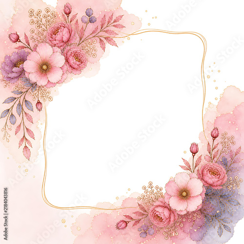 Watercolor dusty rose floral frame with organic gold border and soft pink blossoms for wedding invitation