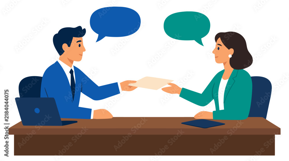 Obraz premium Two professionals sitting at desk exchanging document with speech bubbles, business meeting conversation flat vector illustration with man and woman - professional high detailed commercial stock