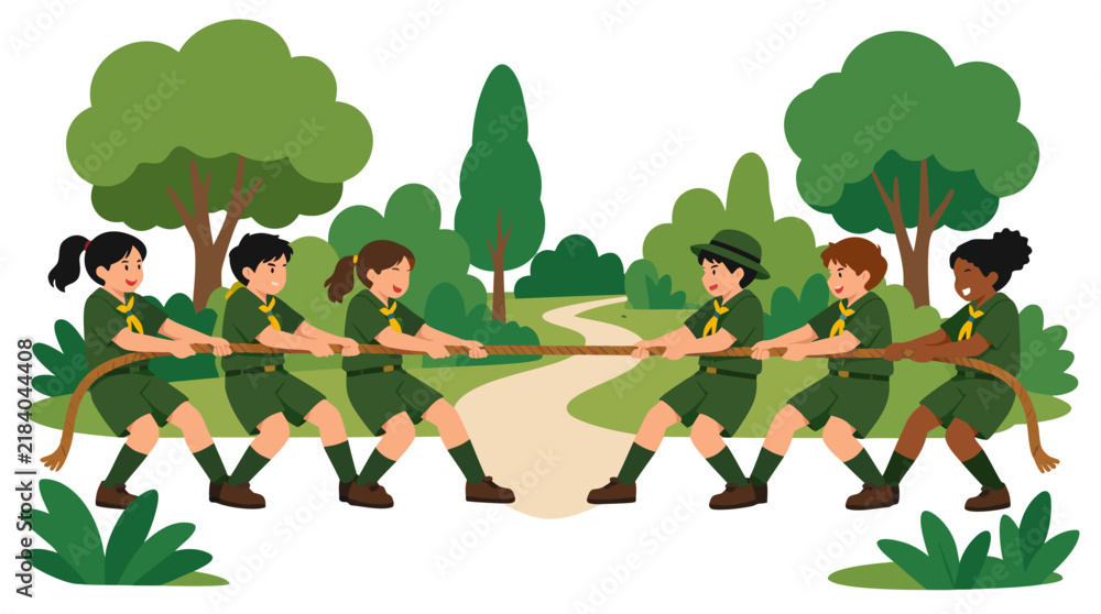 Fototapeta premium Two Teams of Students in Green Scout Uniforms Playing Tug of War Game in Leafy Nature Park - professional high resolution commercial stock photography with clean detailed commercial stock imagery