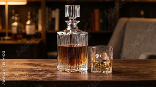 Crystal decanter and glass filled with amber liquid on wooden table