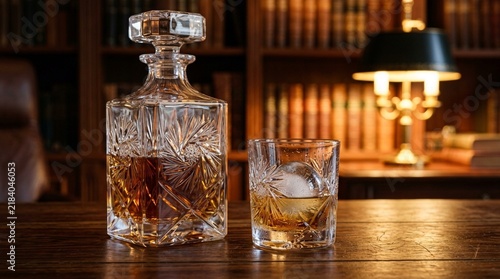Crystal decanter and glass filled with amber whiskey on a wooden table