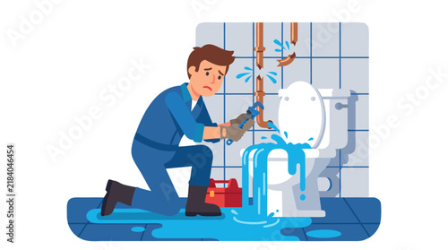 Professional plumber in blue overalls kneeling beside overflowing white toilet with water spilling onto bathroom floor fixing broken copper pipes distressed repairman with wrench toolbox vector
