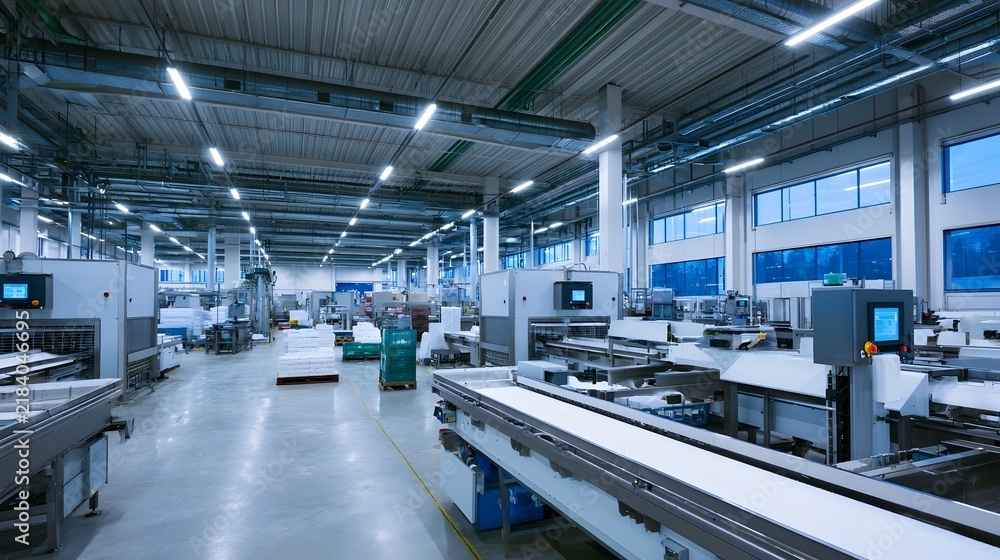 Obraz premium Modern industrial factory interior with conveyor belts hinery and bright overhead lighting creating a clean and organized production environment