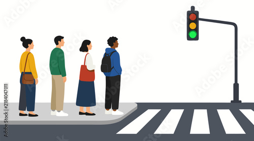Five diverse people standing together at a city street crosswalk corner waiting to cross under a glowing green traffic light, flat colors bold simple vector illustration design concept