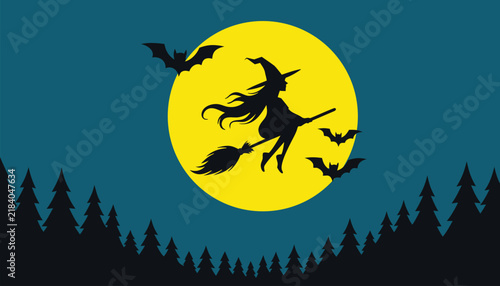 Witch silhouette flying on broom in front of full moon for halloween background greeting banner.