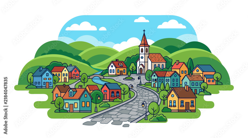 Fototapeta premium Charming Small Town Village with Colorful Houses Church Steeple Rolling Green Hills Winding Cobblestone Road Cute Cartoon Flat Design Vector Illustration - professional detailed commercial stock