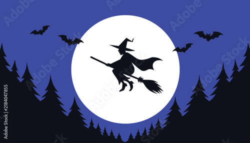Silhouette flying witch with broom in front of full white moon and pine forest for halloween.