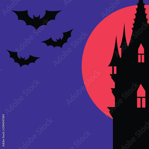 Spooky gothic castle silhouette under giant red moon with flying bats for halloween wallpaper.